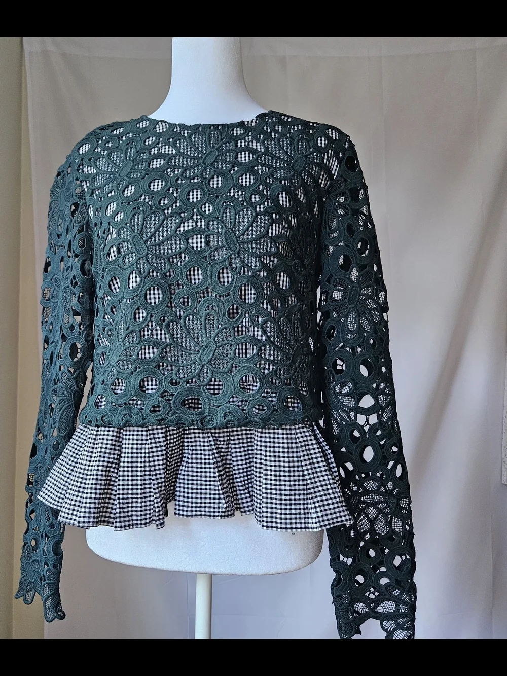 ​Maeve Anthropologie Dark Green Floral Guipure Lace & Gingham Peplum Blouse,Sz S